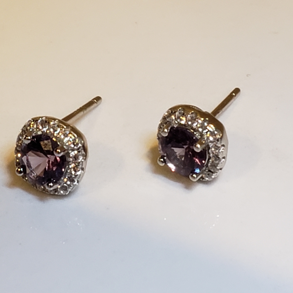 New 7mm Alexandrite, Gold on Sterling Halo Stud Earrings, Colour Changing Stone